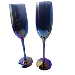 Iridescent Oil Slick Champagne Flutes Set of 2 Mermaid Purple Blue Glassware